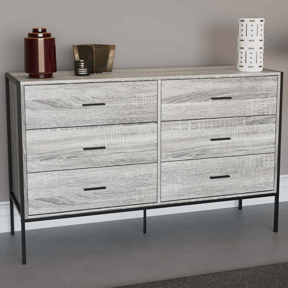 VIDA DESIGNS Brooklyn 6 Drawer Grey Rustic Metal Frame Chest of Drawers