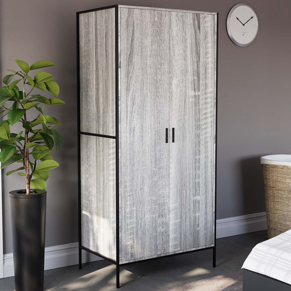 VIDA DESIGNS Brooklyn 2 Door Grey Industrial Wardrobe with Hanging Rail and Shelf