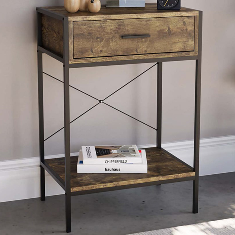 VIDA DESIGNS Brooklyn Single Drawer Dark Wood Rustic Industrial Console Table