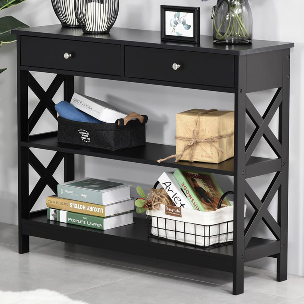 Portland 2 Drawer 2 Shelves Black Console Table