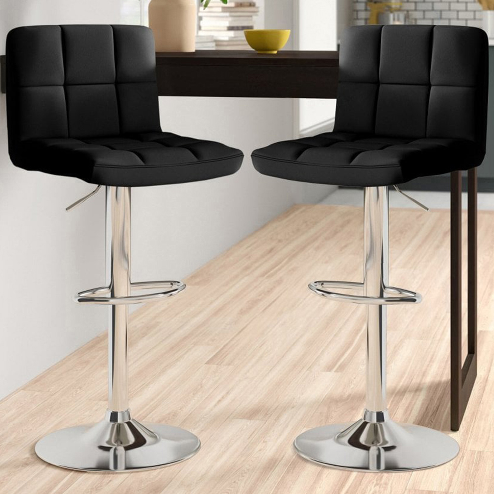 Neo Black and Chrome Faux Leather Swivel Bar Stool Set of 2
