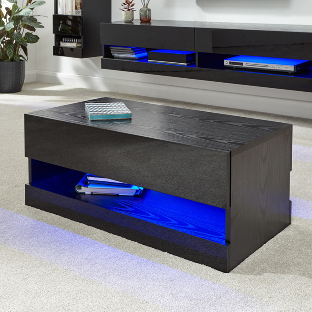 GFW Galicia Black LED Lift Up Coffee Table - Modern Storage Furniture - 75cm Width