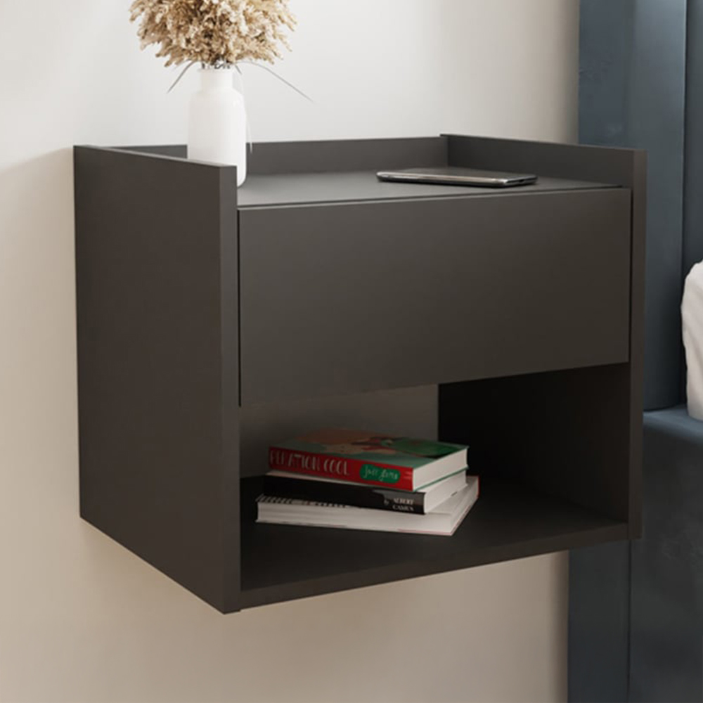 Gfw Black Harmony Single Drawer Anthracite Wall Mounted Bedside Table Set Of Size 2