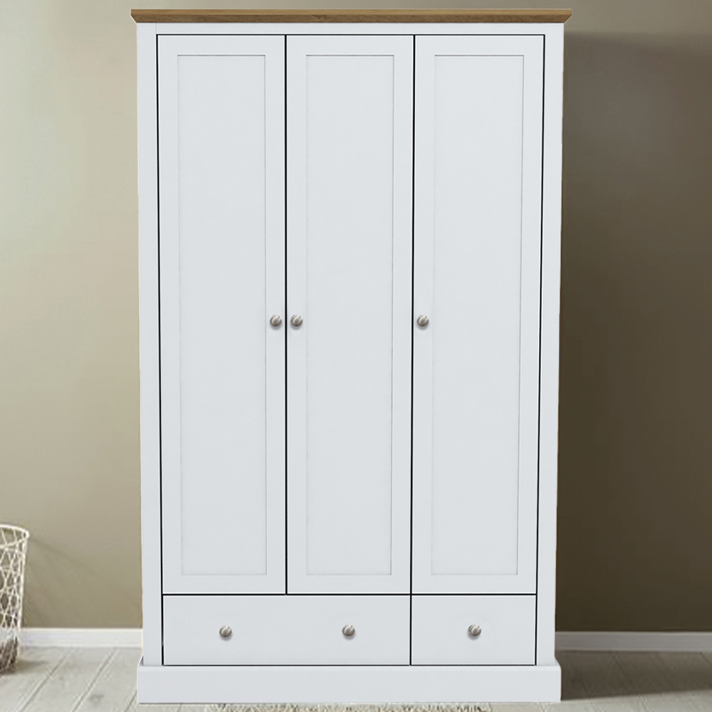 LPD Furniture Devon White 3 Door 2 Drawer Wardrobe - 3 Doors - 2 Drawers - White Finish