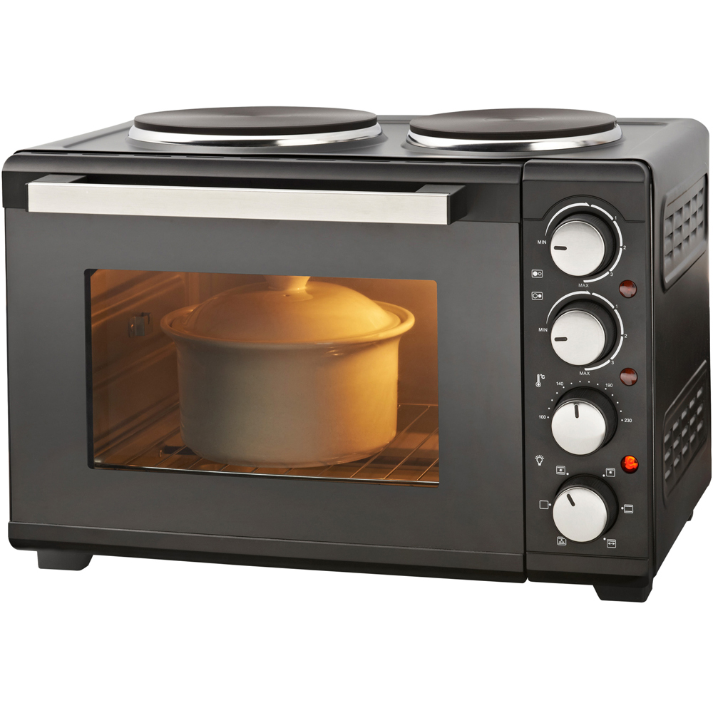 Quest Black 26L Convection Oven with Twin Hob - 1380W Oven, 1000W Large Hob, 600W Small Hob