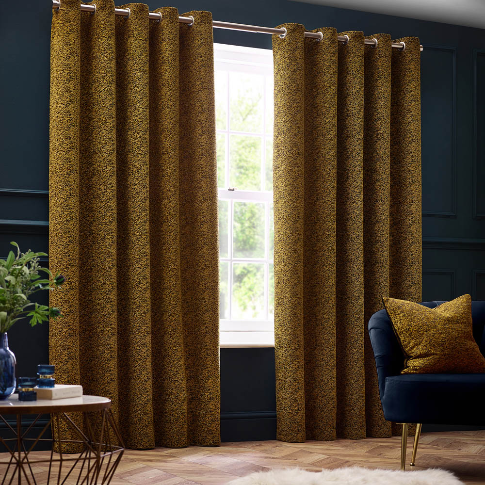 Paoletti Galaxy Gold Chenille Eyelet Curtains - 117 x 183cm - Room Darkening