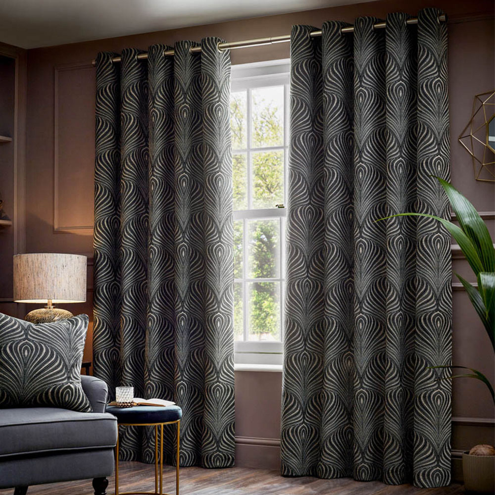 Paoletti Gatsby Black Jacquard Eyelet Curtain - 229 x 137cm - Art Deco Inspired