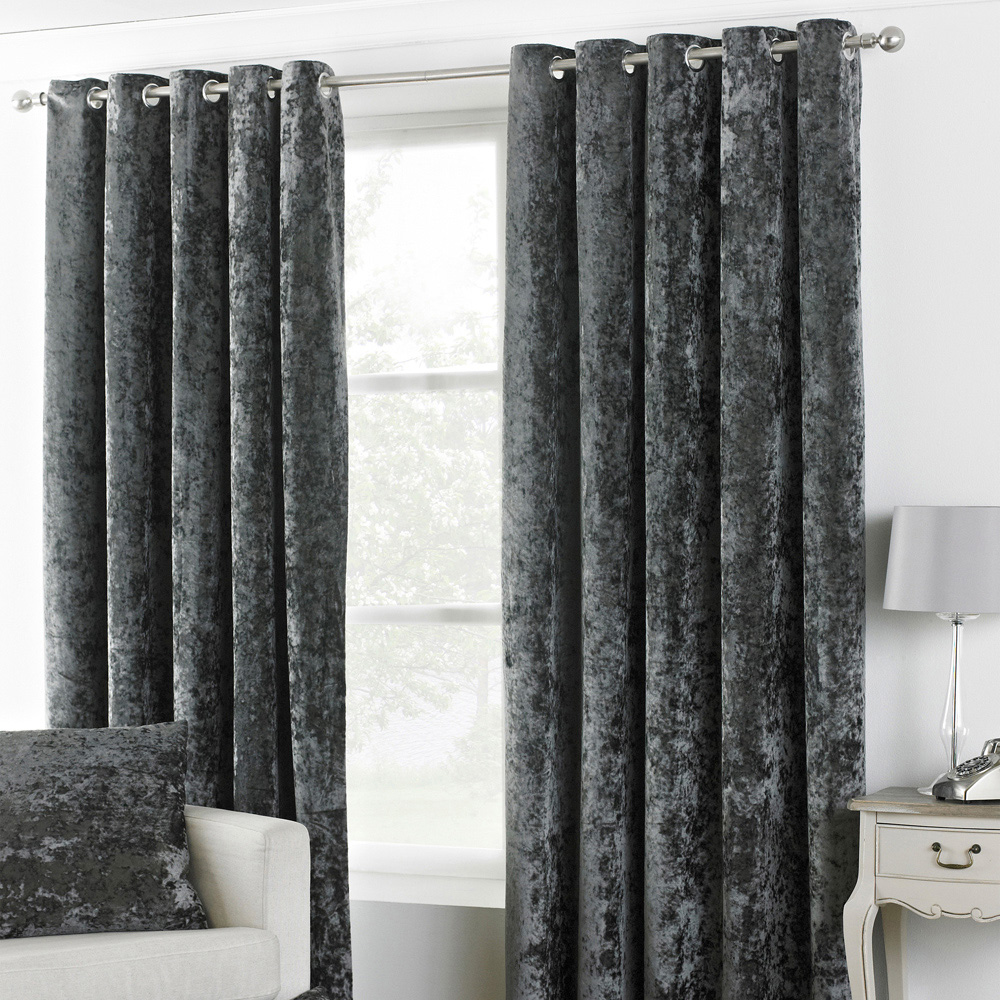 Paoletti Verona Pewter Crushed Velvet Eyelet Curtain 117 x 183cm - Grey - 100% Polyester