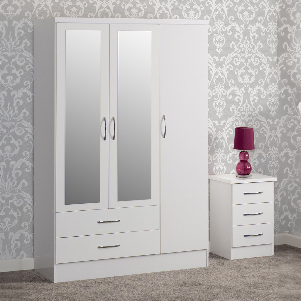 Seconique Nevada 3 Door 2 Drawer Gloss White Mirror Wardrobe