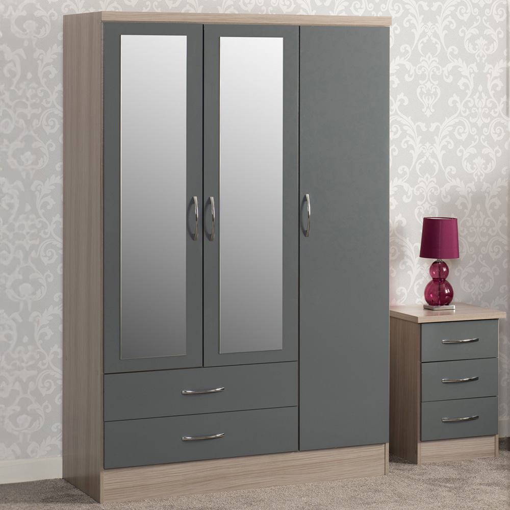 Seconique Nevada 3 Door 2 Drawer Grey Gloss and Light Oak Veneer Mirror Wardrobe