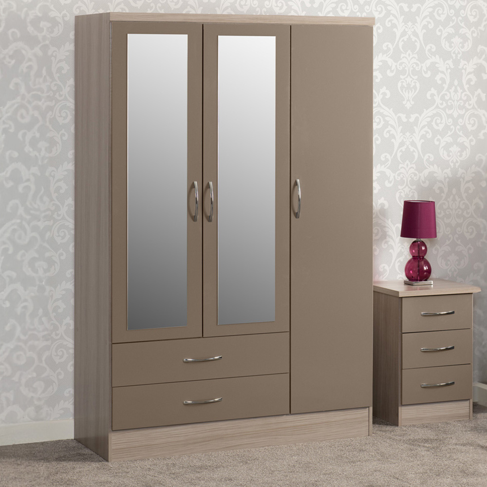 Seconique Nevada 3 Door 2 Drawer Oyster Gloss and Light Oak Veneer Mirror Wardrobe
