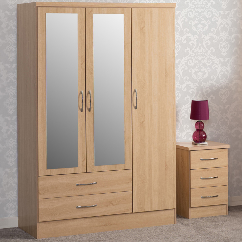 Seconique Nevada 3 Door 2 Drawer Sonoma Oak Effect Mirror Wardrobe