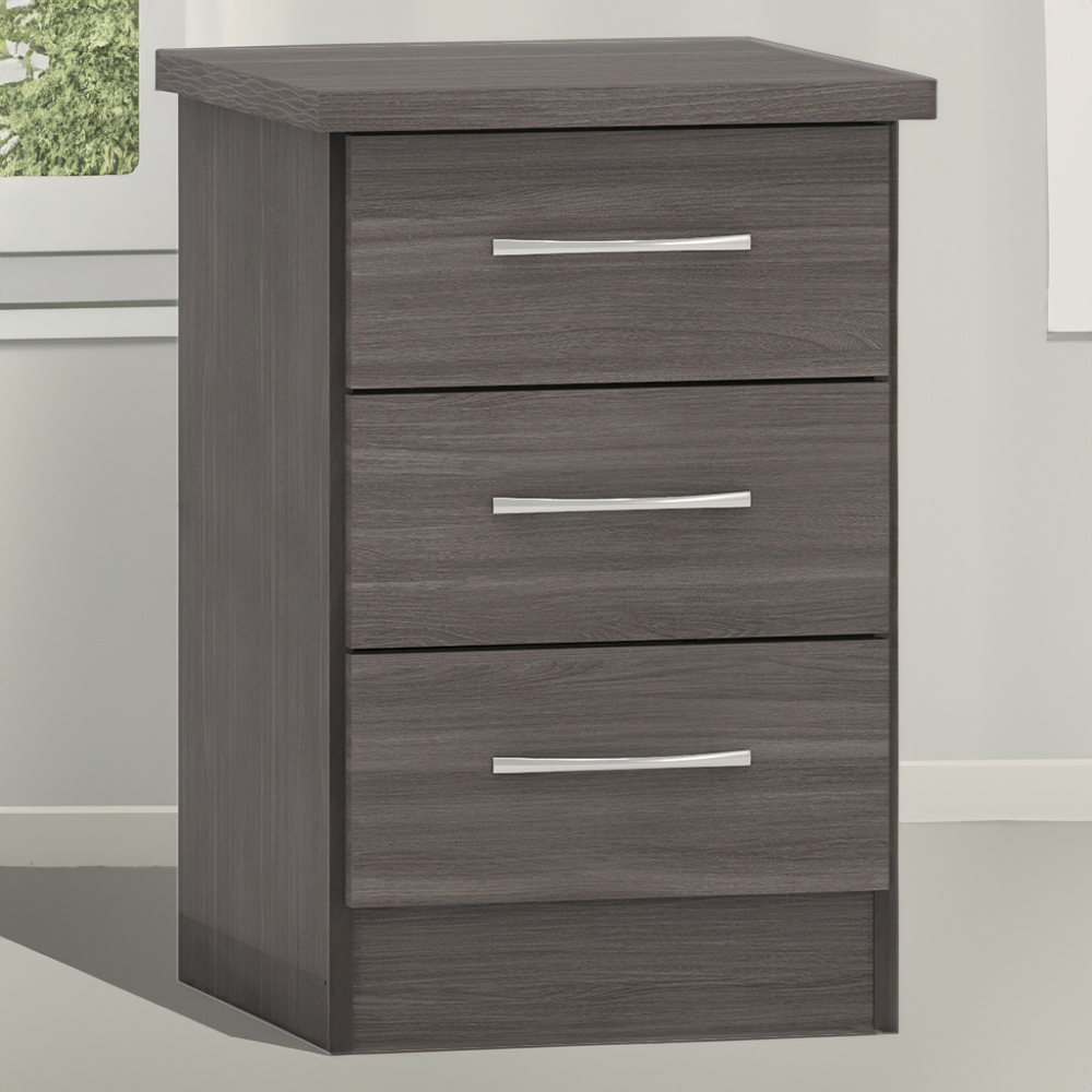 Seconique Nevada 3 Drawer Black Wood Grain Bedside Table