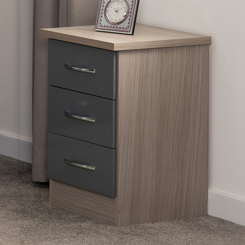 Seconique Nevada 3 Drawer Grey Gloss and Light Oak Veneer Bedside Table