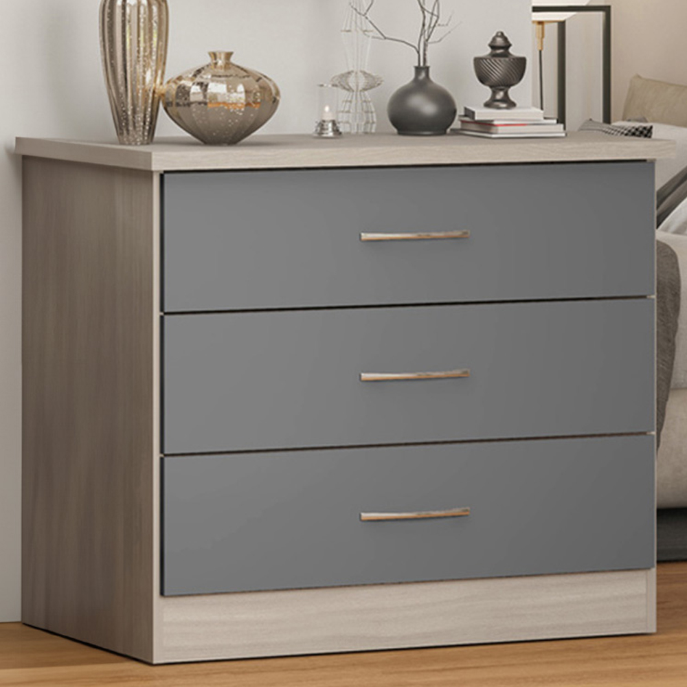 Seconique Nevada 3 Drawer Grey Gloss and Light Oak Veneer Chest of Drawers