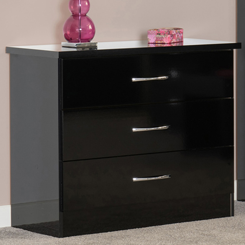 Seconique Nevada 3 Drawer Black Gloss Chest of Drawers