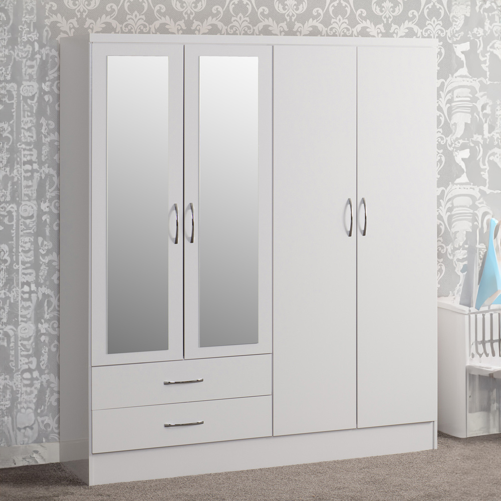 Seconique Nevada 4 Door 2 Drawer Gloss White Mirror Wardrobe