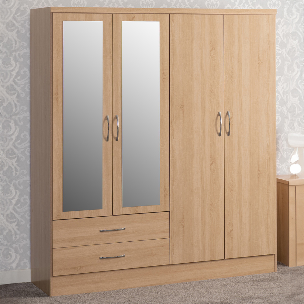 Seconique Nevada 4 Door 2 Drawer Sonoma Oak Mirror Wardrobe