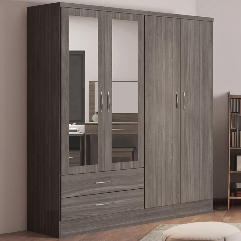 Seconique Nevada 4 Door 2 Drawer Black Wood Grain Mirror Wardrobe