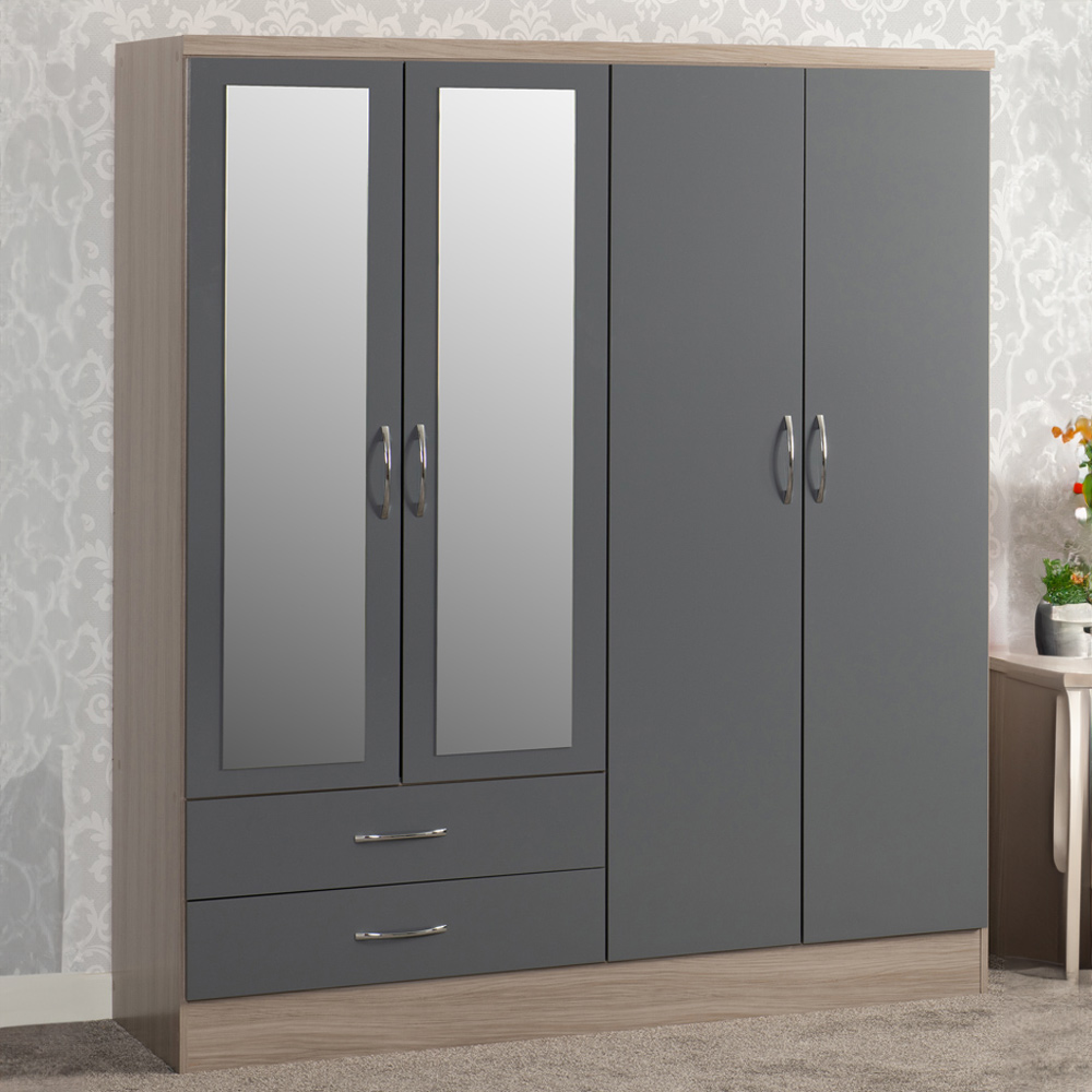 Seconique Nevada 4 Door 2 Drawer Grey Gloss and Light Oak Veneer Mirror Wardrobe
