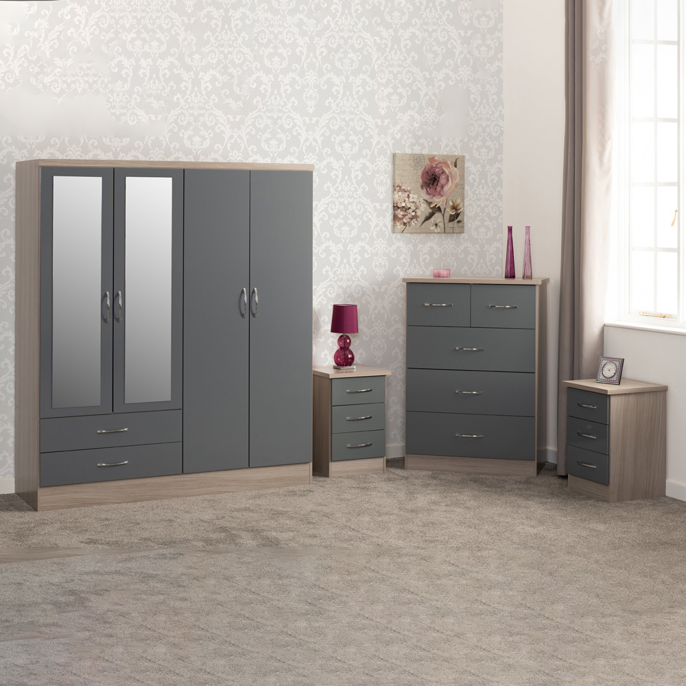 Seconique Nevada Grey and Light Oak Effect 4 Piece Bedroom Furniture Set