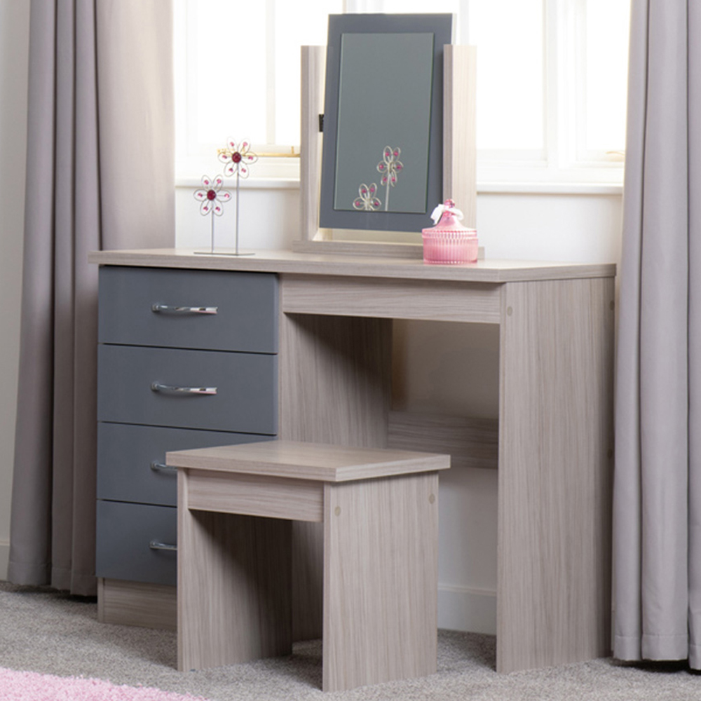 Seconique Nevada 4 Drawer Gloss Grey and Light Oak Veneer Dressing Table Set with Mirror