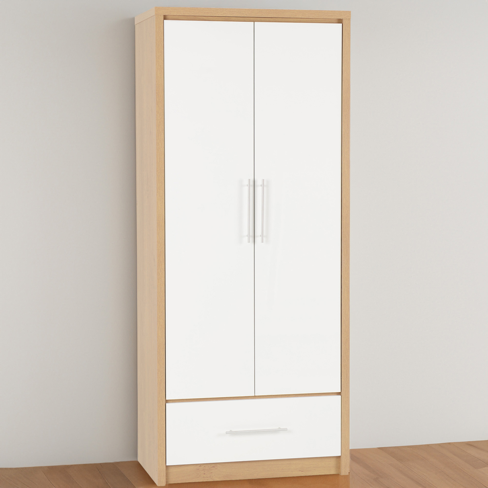 Seconique Seville 2 Door Single Drawer White Gloss Light Oak Effect Veneer Wardrobe