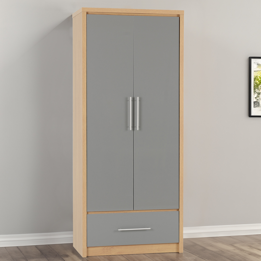 Seconique Seville 2 Door Single Drawer Grey Gloss Light Oak Effect Veneer Wardrobe