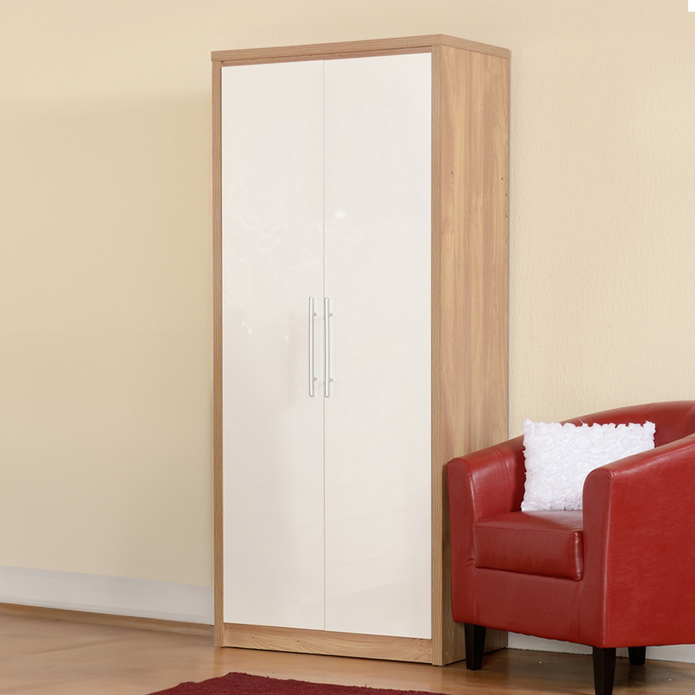 Seconique Seville 2 Door Gloss White and Light Oak Veneer Wardrobe