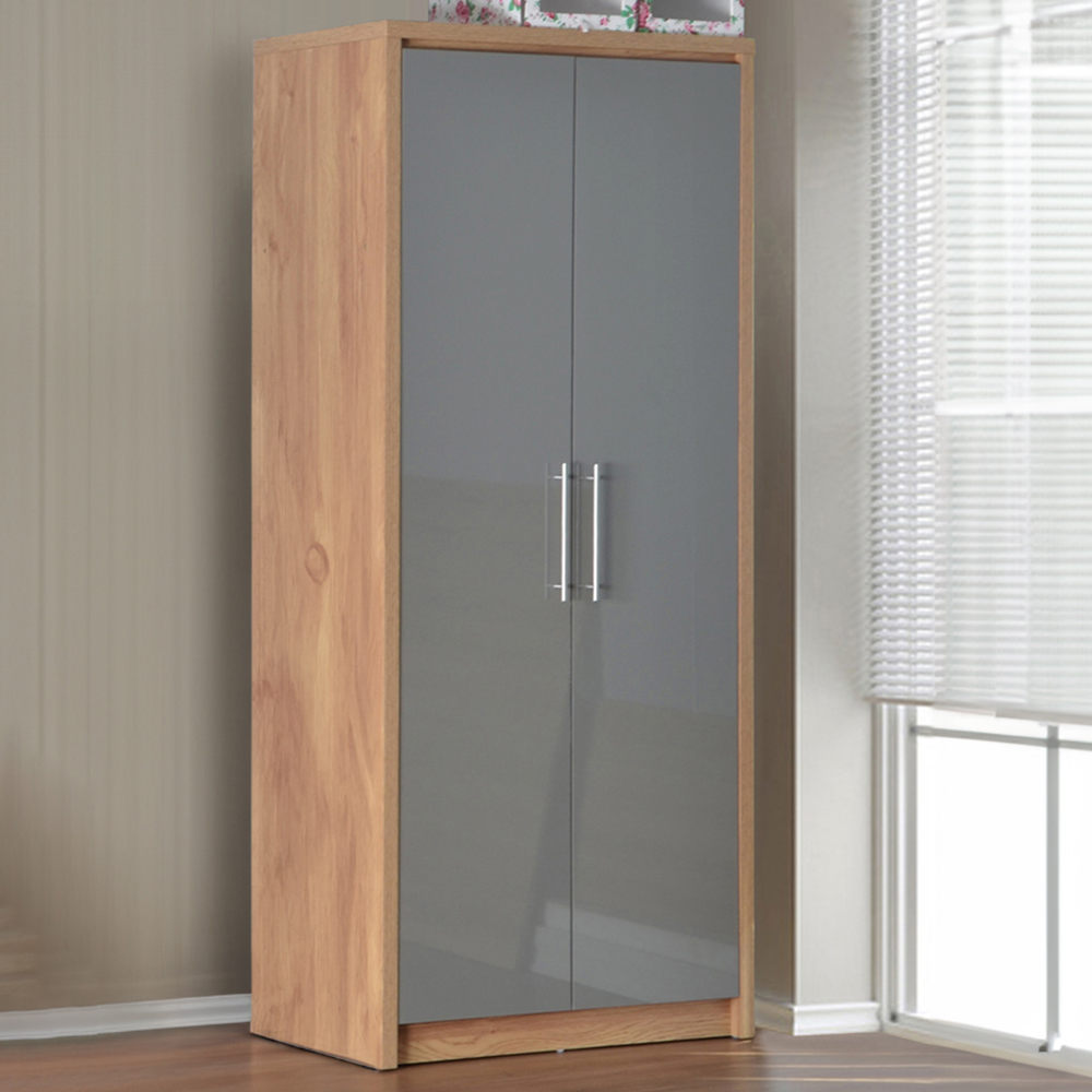 Seconique Seville 2 Door Grey Gloss Light Oak Veneer Wardrobe