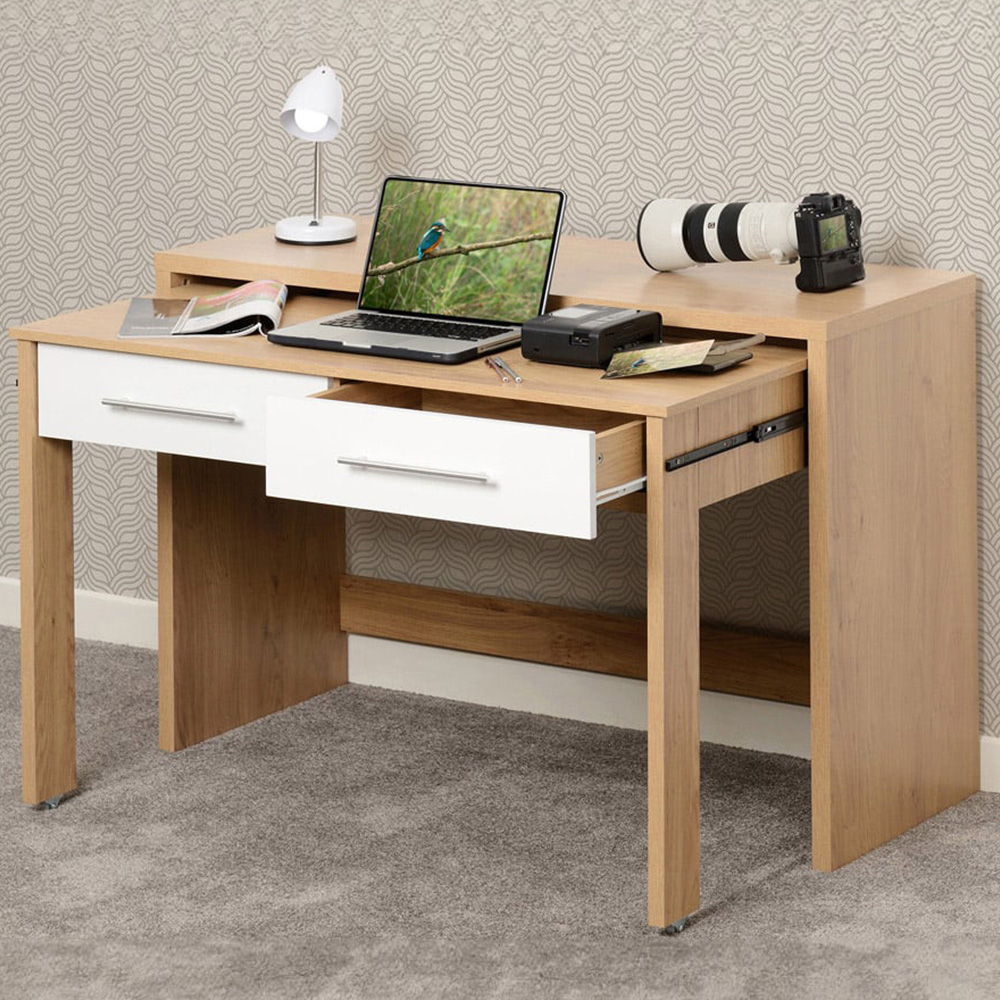 Seconique Seville White Gloss Light Oak Effect Veneer 2 Drawer Slider Desk