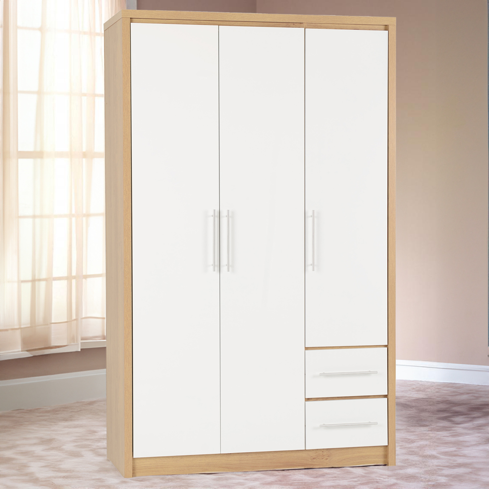 Seconique Seville 3 Door 2 Drawer White Gloss Light Oak Effect Veneer Wardrobe
