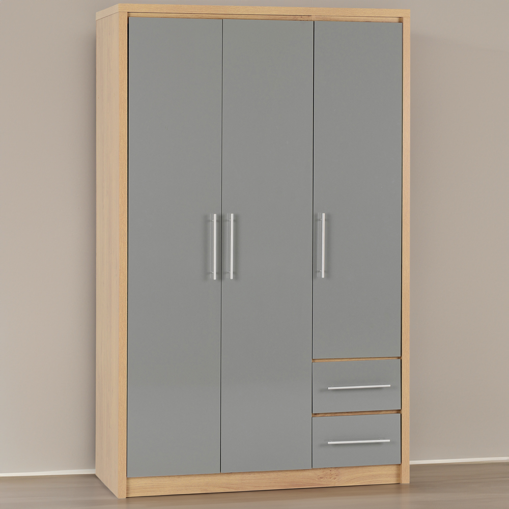 Seconique Seville 3 Door 2 Drawer Grey Gloss Light Oak Effect Veneer Wardrobe