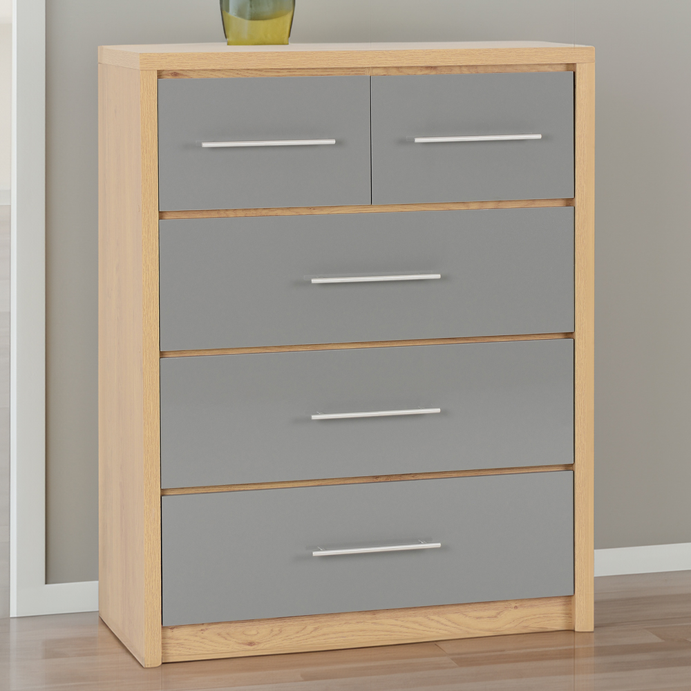 Seconique Seville 5 Drawer Grey Gloss Light Oak Effect Veneer Chest of Drawers