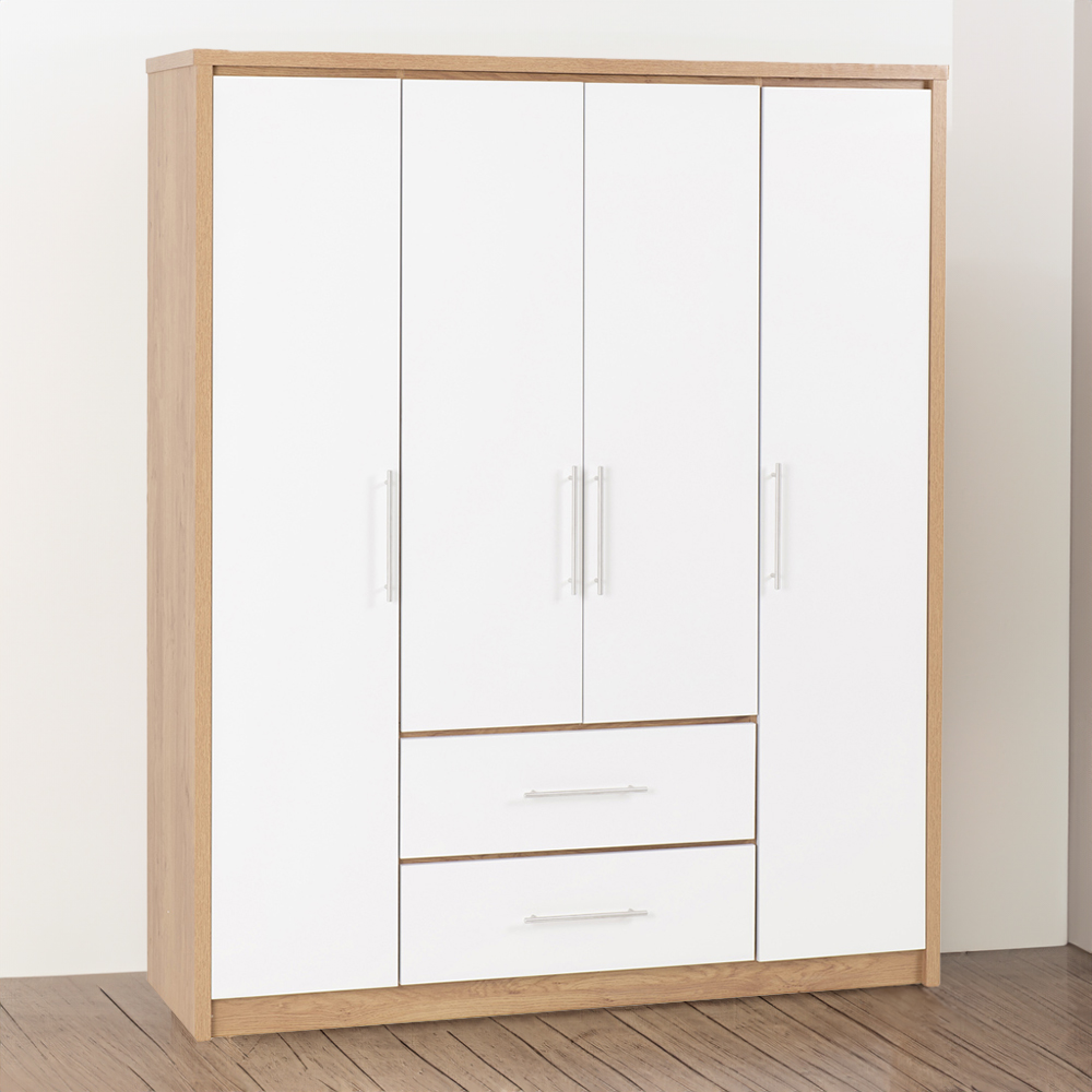 Seconique Seville 4 Door 2 Drawer White Gloss Light Oak Effect Veneer Wardrobe