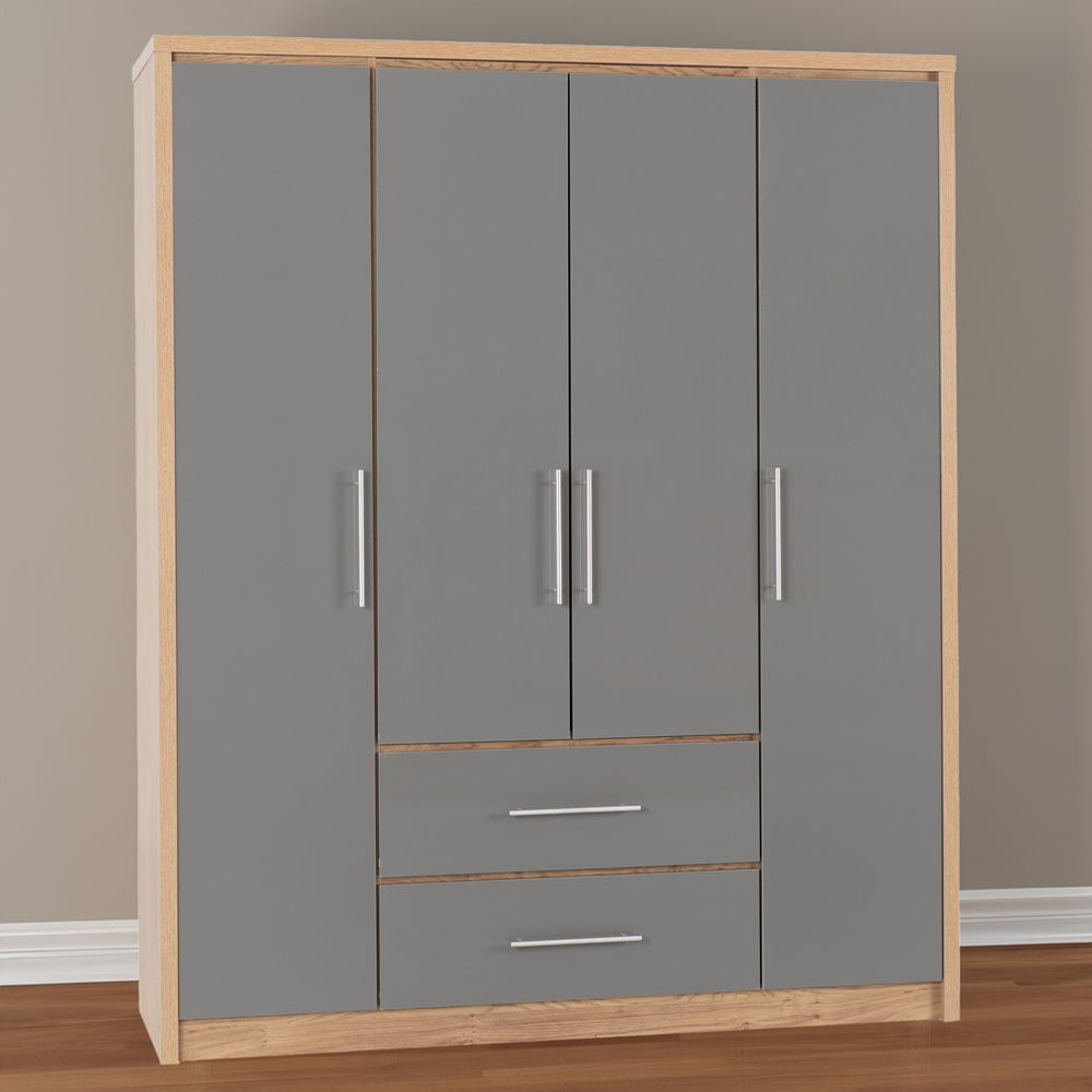 Seconique Seville Wardrobe 4 Door 2 Drawer Grey Gloss Light Oak Effect Veneer