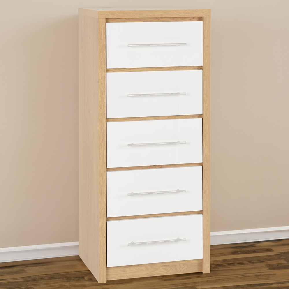 Seconique Seville 5 Drawer White Gloss Light Oak Effect Veneer Narrow Chest of Drawers
