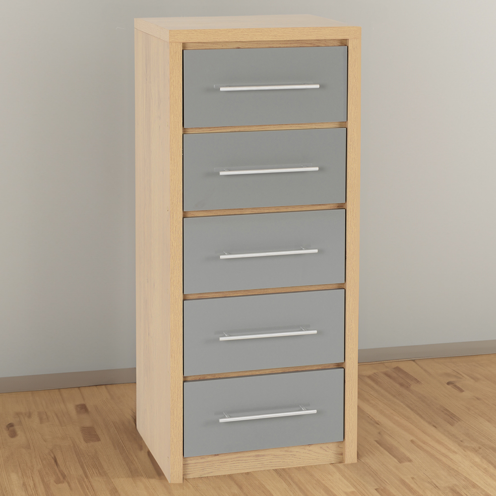 Seconique Seville 5 Drawer Grey Gloss Light Oak Effect Veneer Narrow Chest of Drawers