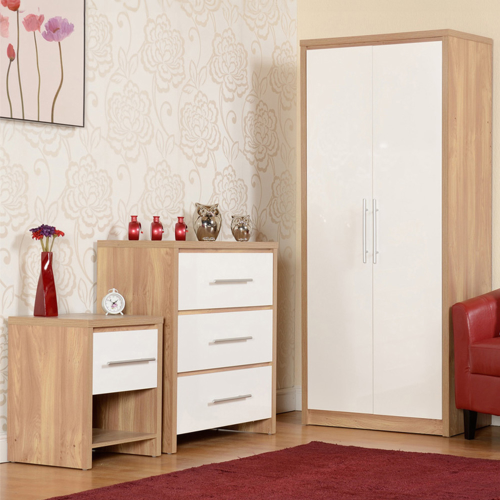 Seconique Seville White Gloss Light Oak 3 Piece Bedroom Furniture Set