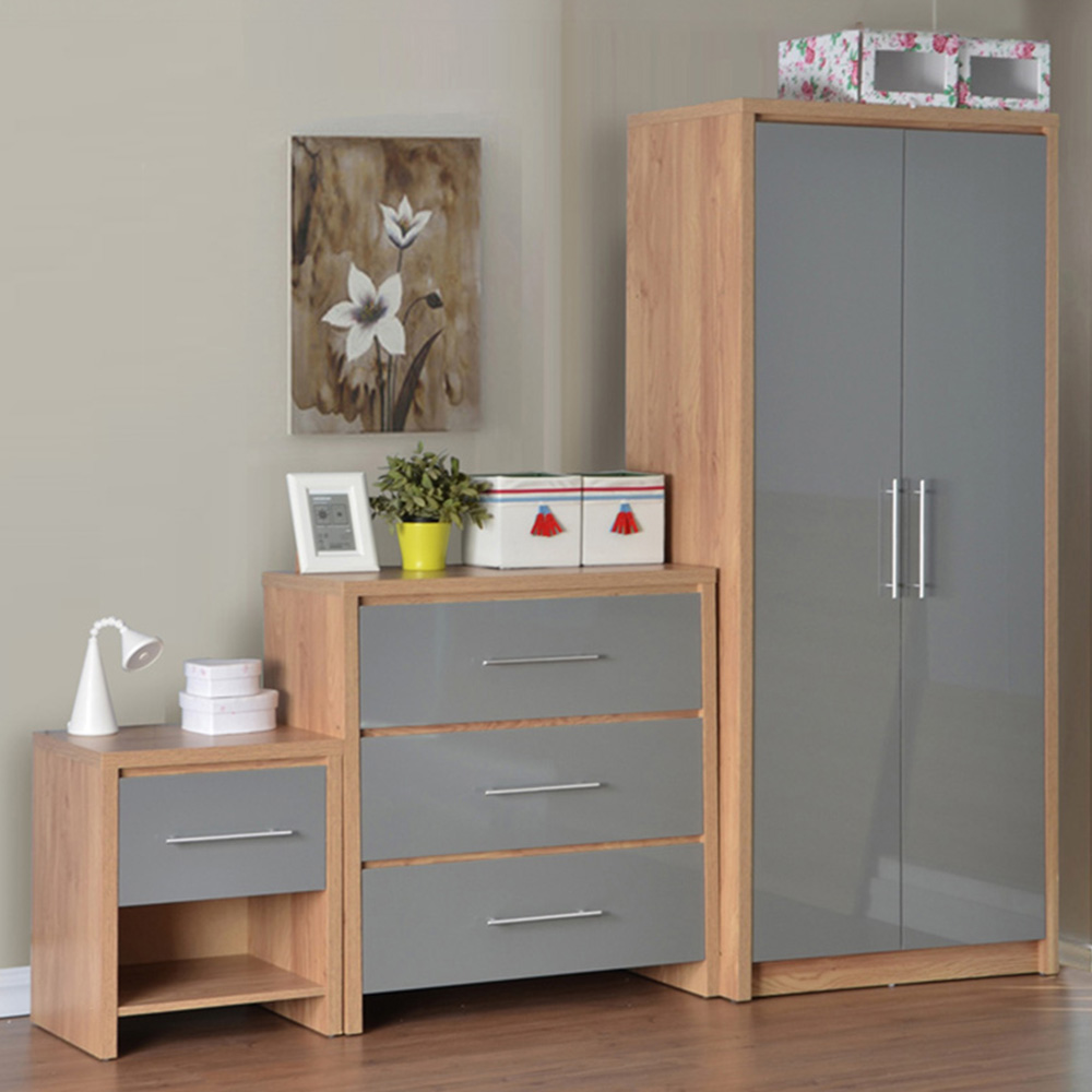 Seconique Seville Grey Gloss Light Oak 3 Piece Bedroom Furniture Set