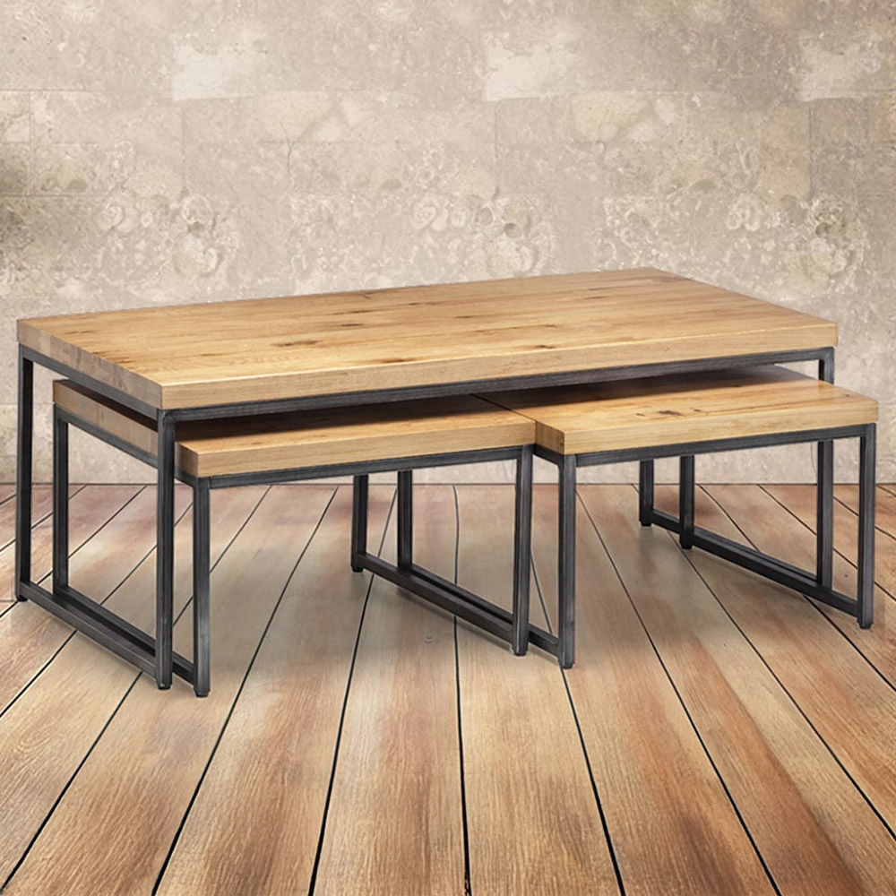 Julian Bowen Brooklyn Oak Nest of Tables Set of 3 - Solid Oak, Rustic Finish, Industrial Metal Legs