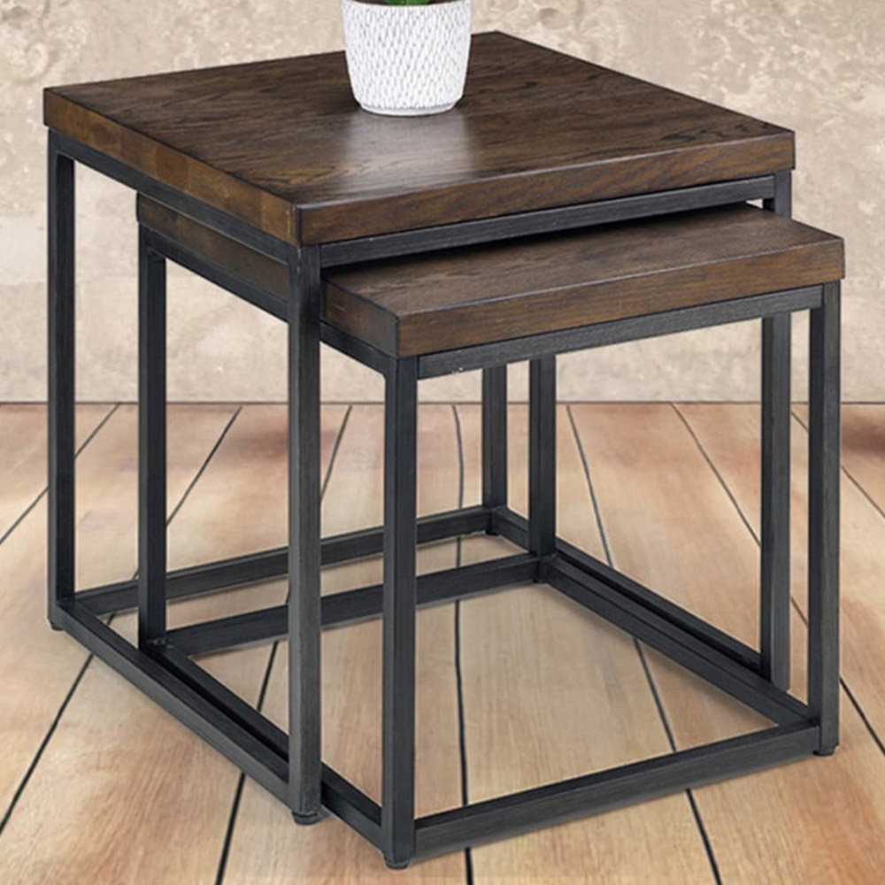 Julian Bowen Brooklyn Dark Oak Nest of Tables Set of 2 - Solid Oak, Industrial Metal Legs