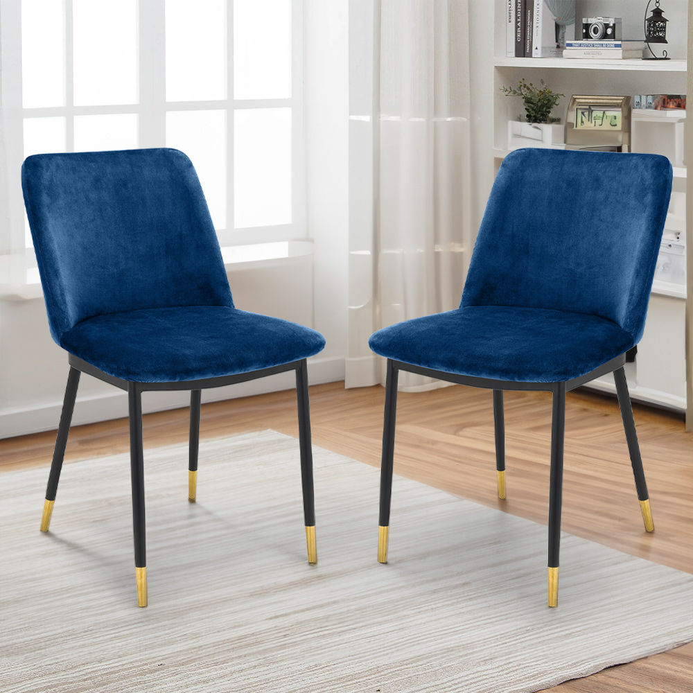 Julian Bowen Delaunay Set of 2 Blue Velvet Dining Chairs - Modern Design - Black Legs with Brass Tips