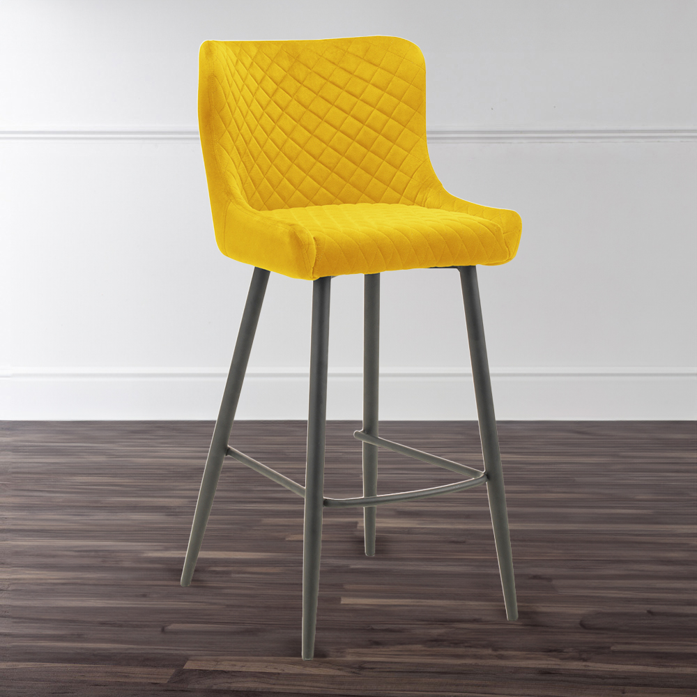 Julian Bowen Luxe Mustard Velvet Bar Stool - Quilted Stitching - Black Legs