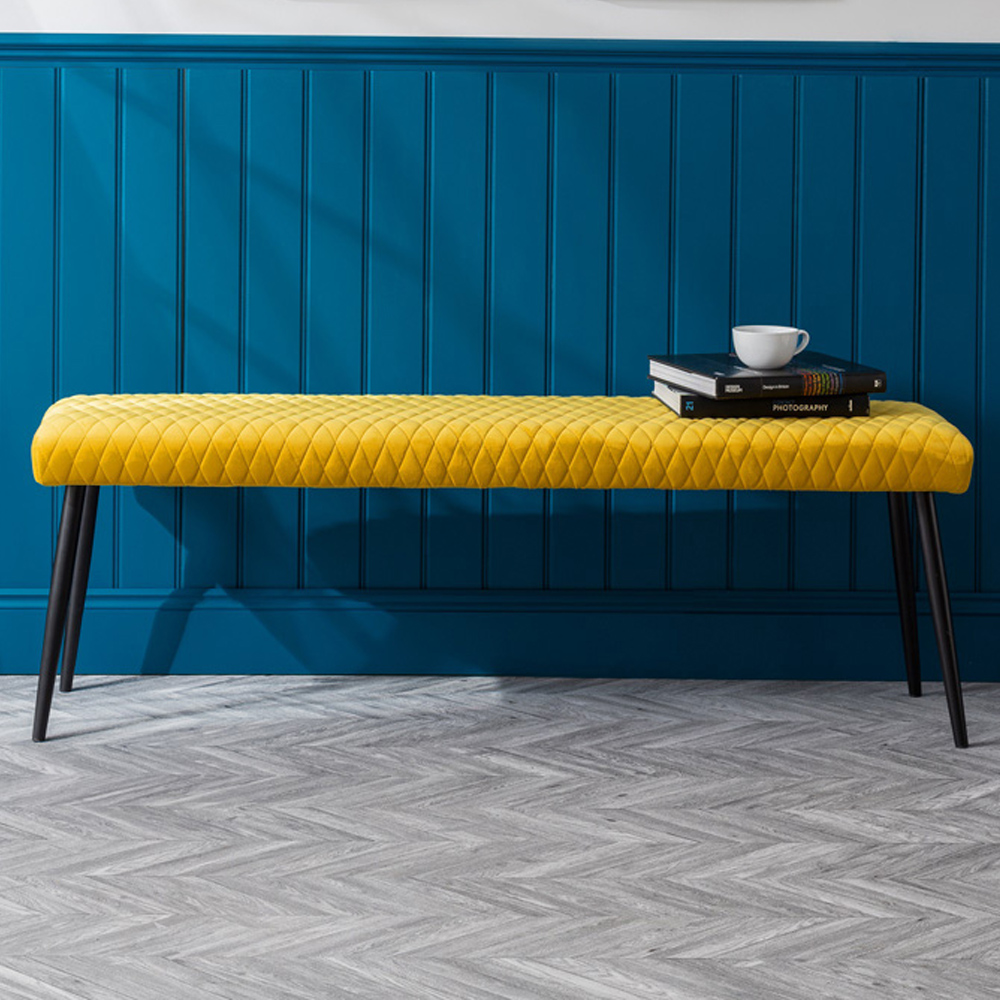 Julian Bowen Luxe 2 Seater Mustard Velvet Dining Bench - Quilted Detail - Black Legs