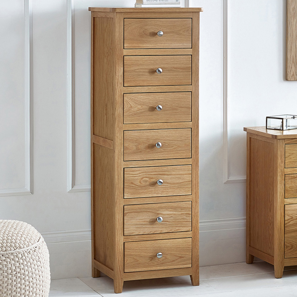 Julian Bowen Mallory 7 Drawer Narrow Chest - Solid Oak & Oak Veneers - Brown - Silver Knobs