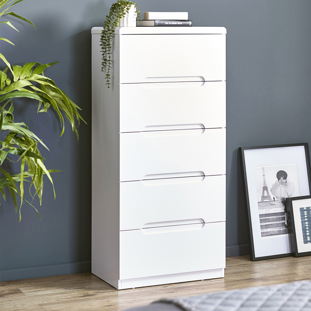 Julian Bowen Manhattan 5 Drawer Narrow Chest of Drawers - White High Gloss