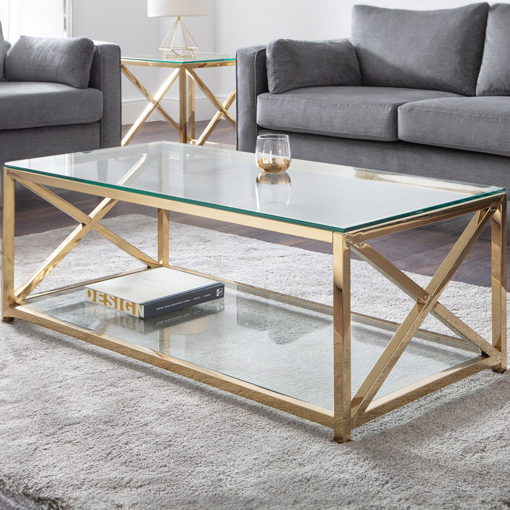 Julian Bowen Miami Console Table - Gold - Stainless Steel Frame - Tempered Glass Shelf