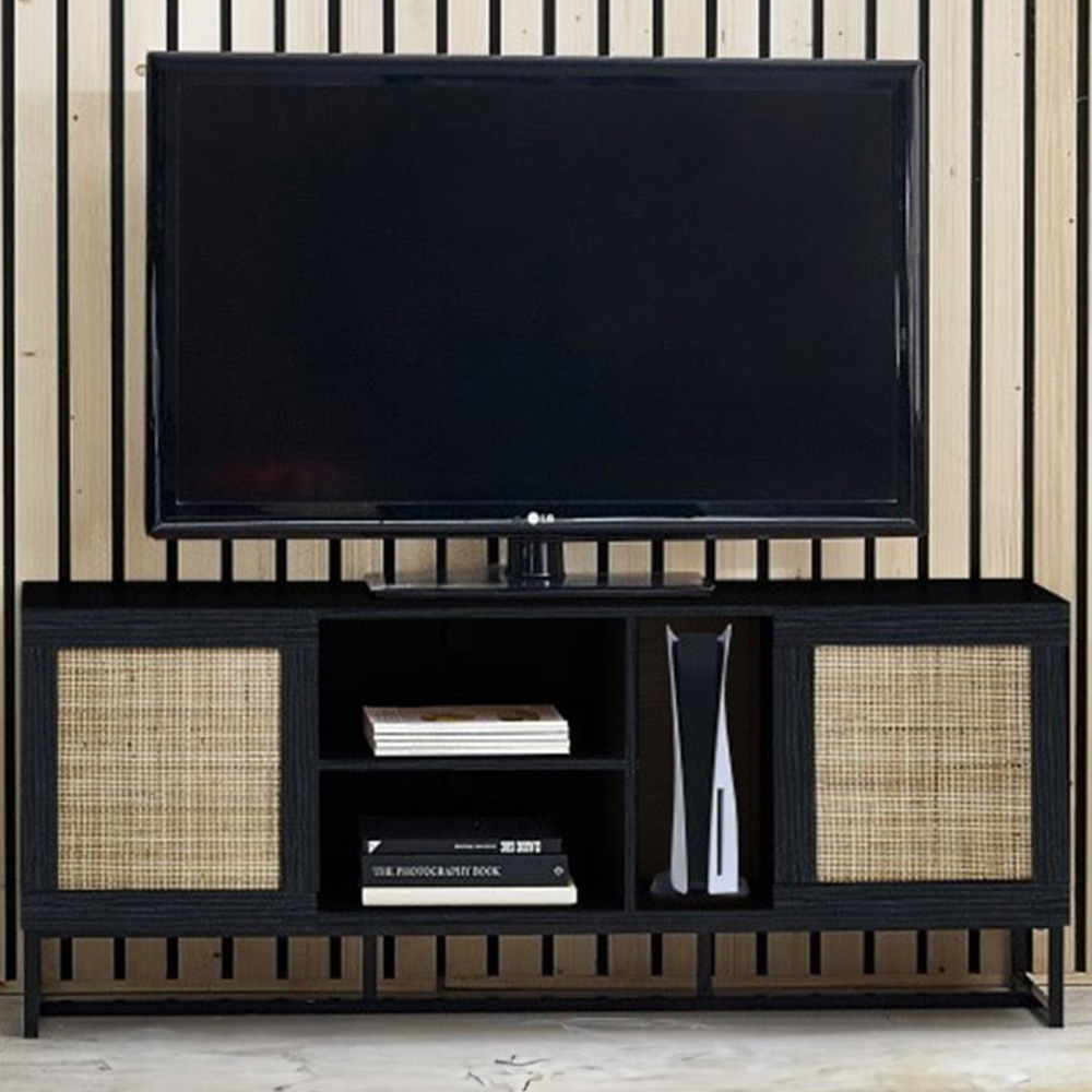 Julian Bowen Padstow Black 2 Door 2 Shelf TV Unit - Modern Retro Design - Rattan Fronts - Industrial Base