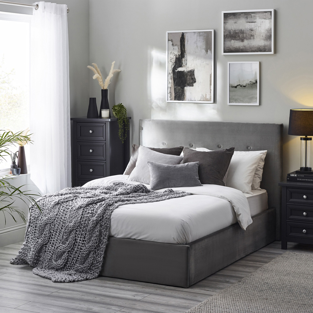 Julian Bowen Shoreditch King Size Slate Grey Velvet Storage Bed - High Headboard - Lift Up Storage